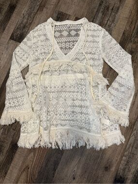 AMIANI Crochet Swim / Beach Coverup Dress Boho Lace Fringe M
